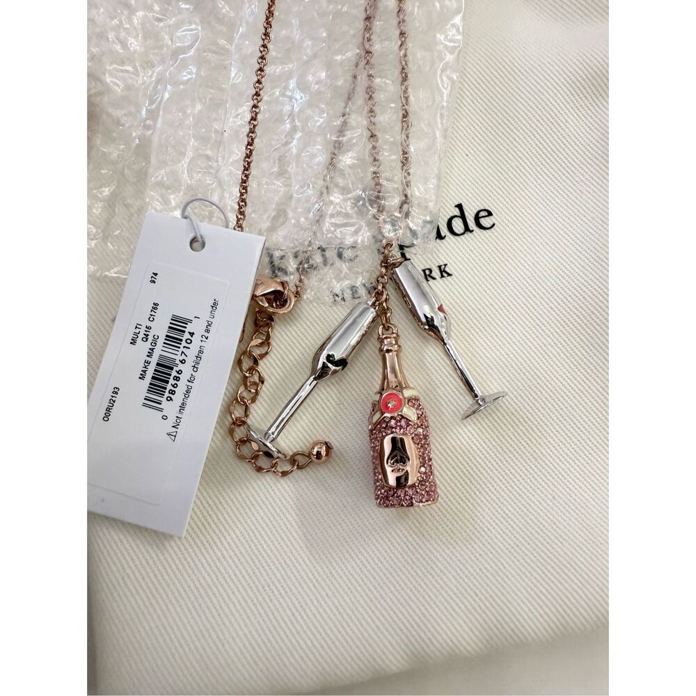 Kate Spade Multi Make Magic Rhinestone Champagne‎ Bottle Flute Long Necklace NWT